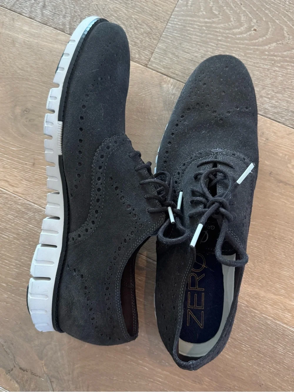 Cole Haan Zero Grand Black Suede Wingtip Oxfords with White Lightweight Sole